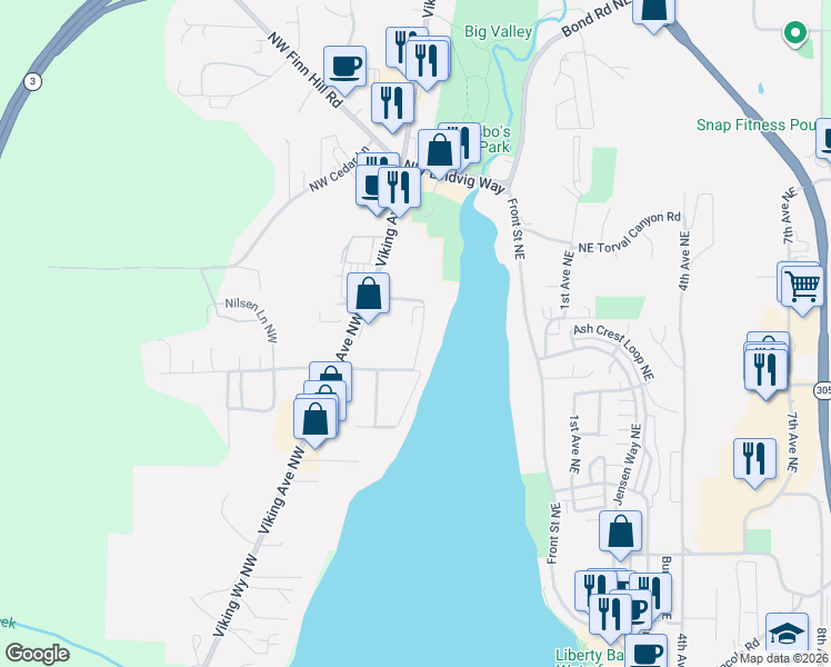 map of restaurants, bars, coffee shops, grocery stores, and more near 383 Northwest Edvard Street in Poulsbo