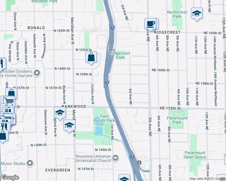 map of restaurants, bars, coffee shops, grocery stores, and more near 105 Northeast 158th Street in Shoreline