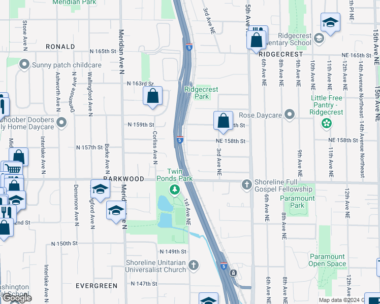 map of restaurants, bars, coffee shops, grocery stores, and more near 105 Northeast 158th Street in Shoreline