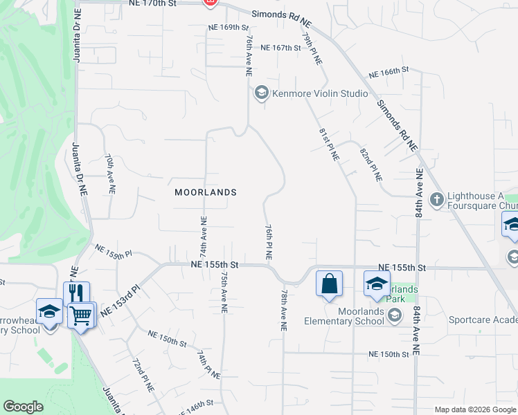 map of restaurants, bars, coffee shops, grocery stores, and more near 15832 76th Place Northeast in Kenmore