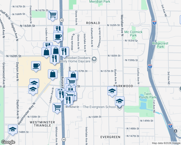 map of restaurants, bars, coffee shops, grocery stores, and more near 15557 Ashworth Avenue North in Shoreline