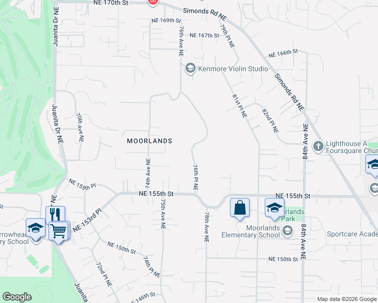 map of restaurants, bars, coffee shops, grocery stores, and more near 15832 76th Place Northeast in Kenmore