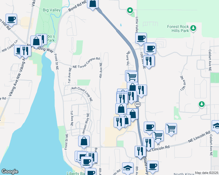 map of restaurants, bars, coffee shops, grocery stores, and more near 19898 4th Avenue Northeast in Poulsbo