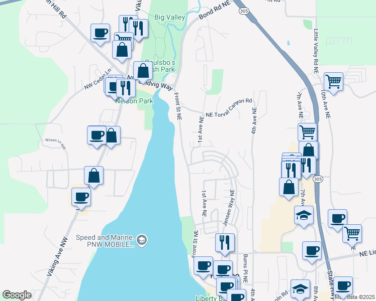 map of restaurants, bars, coffee shops, grocery stores, and more near 38 Hamilton Court Northeast in Poulsbo