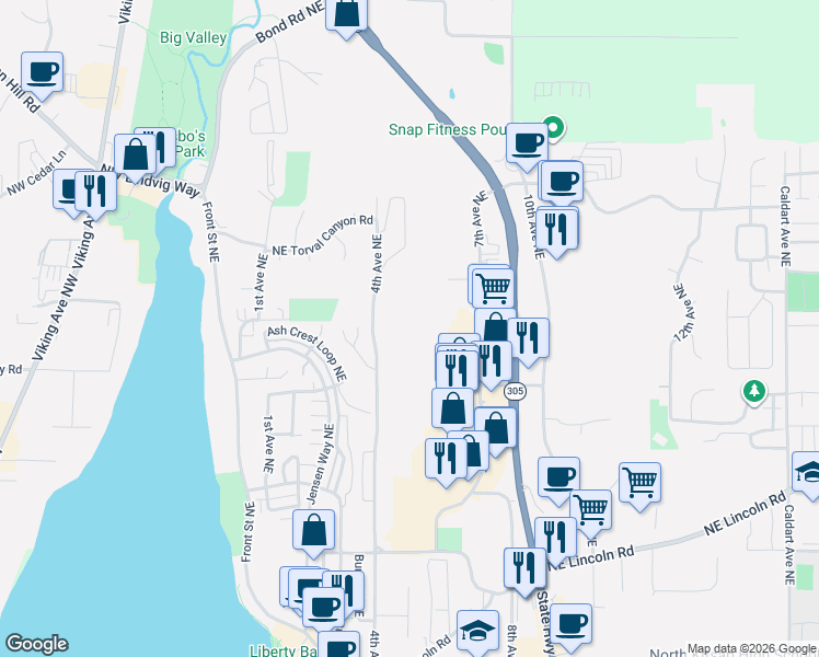 map of restaurants, bars, coffee shops, grocery stores, and more near 19898 4th Avenue Northeast in Poulsbo