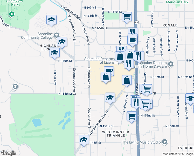 map of restaurants, bars, coffee shops, grocery stores, and more near 15700 Dayton Avenue North in Shoreline