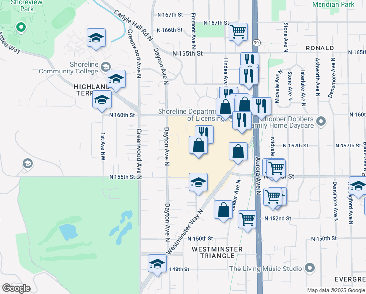 map of restaurants, bars, coffee shops, grocery stores, and more near 15700 Dayton Avenue North in Seattle