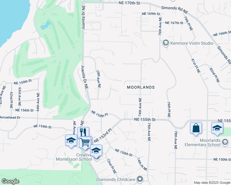 map of restaurants, bars, coffee shops, grocery stores, and more near 7115 Northeast 159th Street in Kenmore