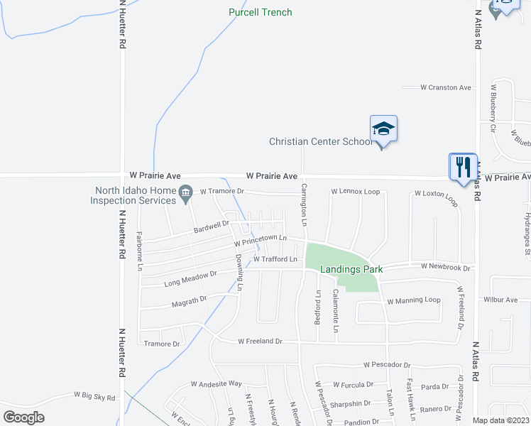 map of restaurants, bars, coffee shops, grocery stores, and more near 7846 Hilliard Court in Coeur d'Alene