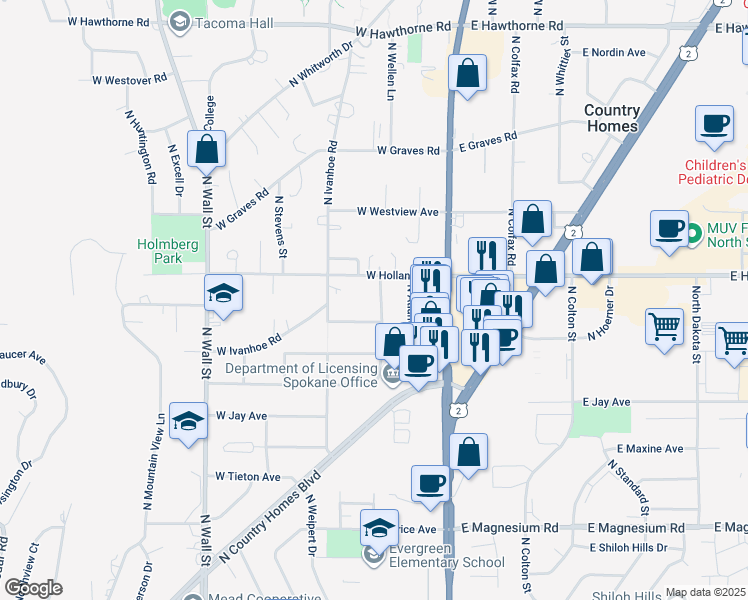 map of restaurants, bars, coffee shops, grocery stores, and more near 9507 North Normandie Lane in Spokane