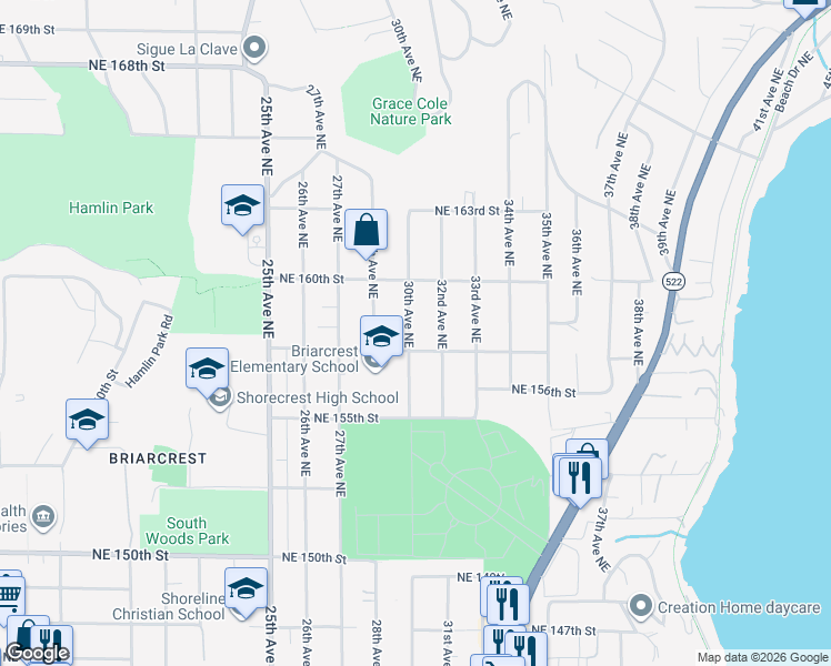 map of restaurants, bars, coffee shops, grocery stores, and more near 15812 30th Avenue Northeast in Shoreline