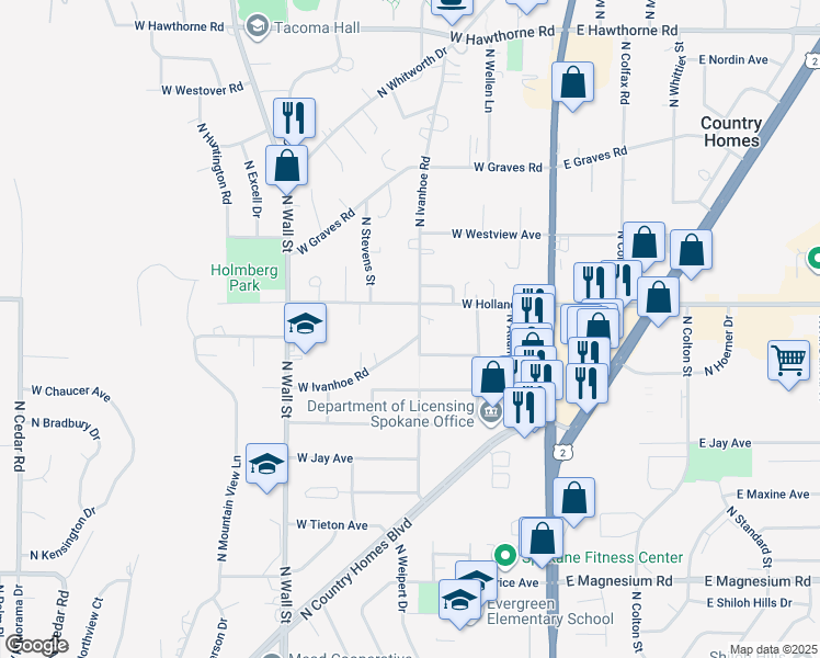 map of restaurants, bars, coffee shops, grocery stores, and more near 9513 North Ivanhoe Road in Spokane
