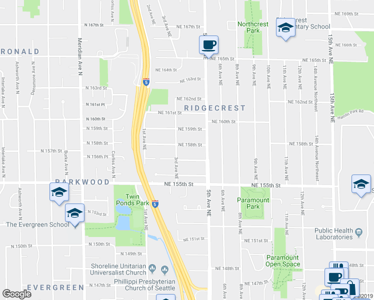 map of restaurants, bars, coffee shops, grocery stores, and more near 335 Northeast 158th Street in Shoreline