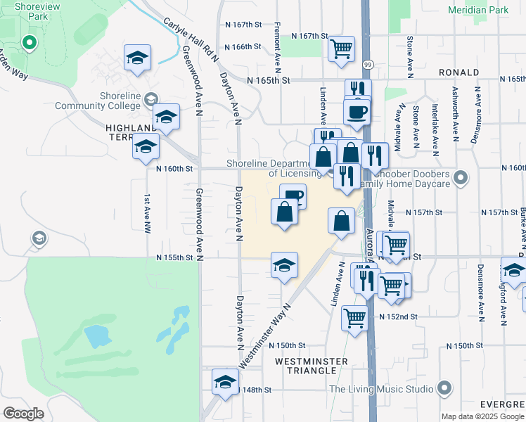 map of restaurants, bars, coffee shops, grocery stores, and more near 15700 Dayton Avenue North in Shoreline