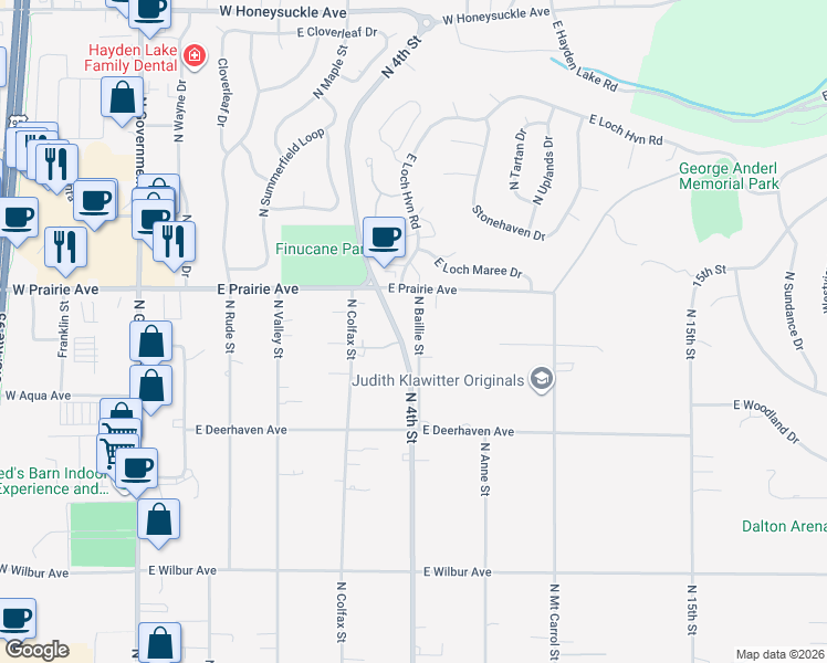 map of restaurants, bars, coffee shops, grocery stores, and more near 7887 North Baillie Street in Dalton Gardens