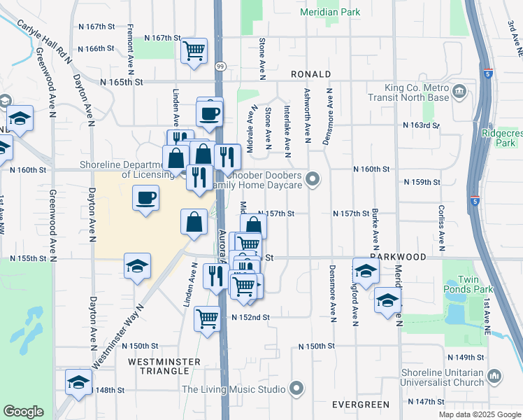 map of restaurants, bars, coffee shops, grocery stores, and more near 15701 Stone Avenue North in Shoreline
