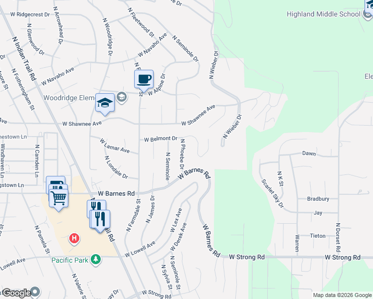 map of restaurants, bars, coffee shops, grocery stores, and more near 9405 North Belmont Drive in Spokane