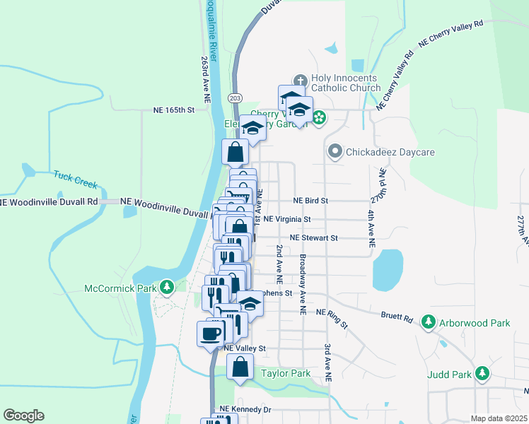 map of restaurants, bars, coffee shops, grocery stores, and more near 15910 1st Avenue Northeast in Duvall