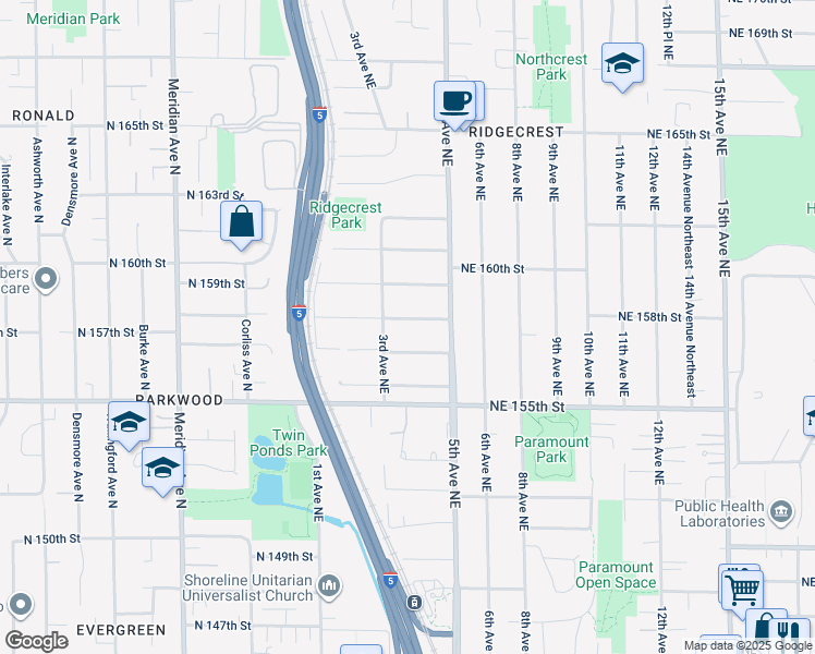 map of restaurants, bars, coffee shops, grocery stores, and more near 335 Northeast 158th Street in Shoreline
