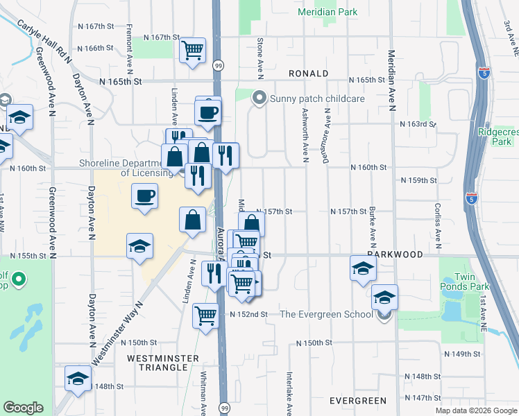 map of restaurants, bars, coffee shops, grocery stores, and more near 15701 Stone Avenue North in Shoreline