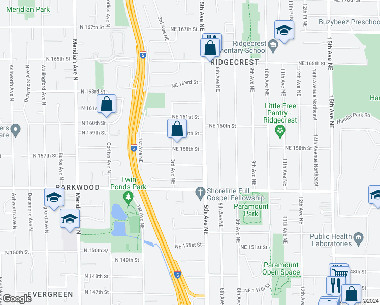 map of restaurants, bars, coffee shops, grocery stores, and more near 335 Northeast 158th Street in Shoreline