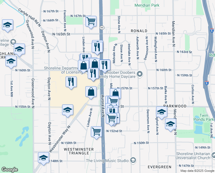 map of restaurants, bars, coffee shops, grocery stores, and more near 15705 Midvale Avenue North in Shoreline