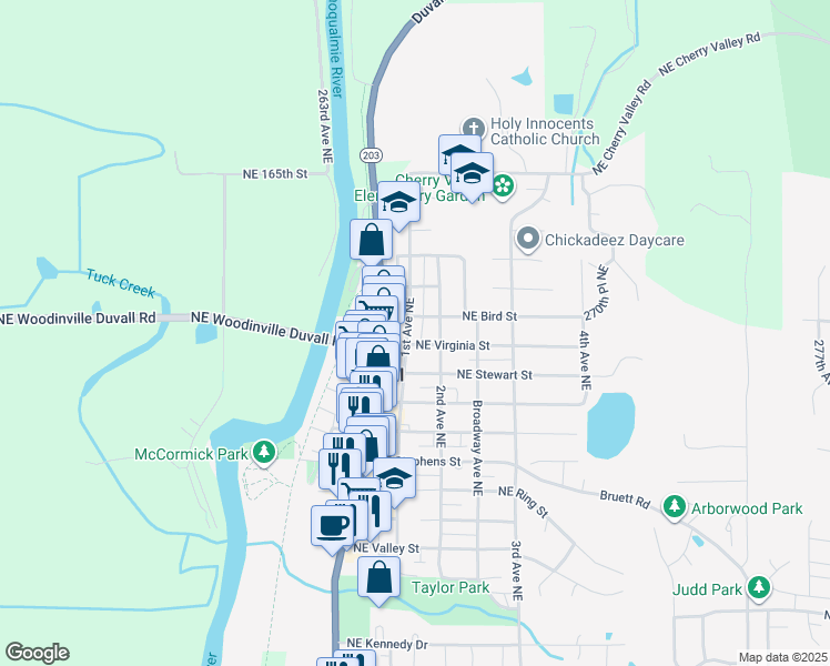 map of restaurants, bars, coffee shops, grocery stores, and more near 15910 1st Avenue Northeast in Duvall