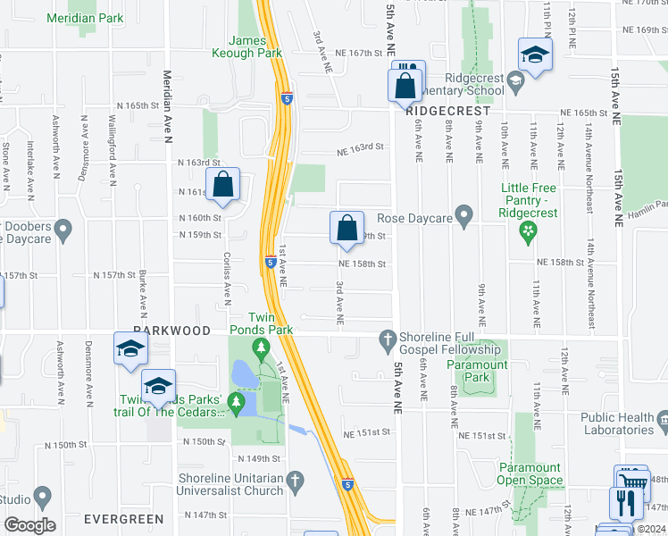 map of restaurants, bars, coffee shops, grocery stores, and more near 15723 3rd Avenue Northeast in Shoreline