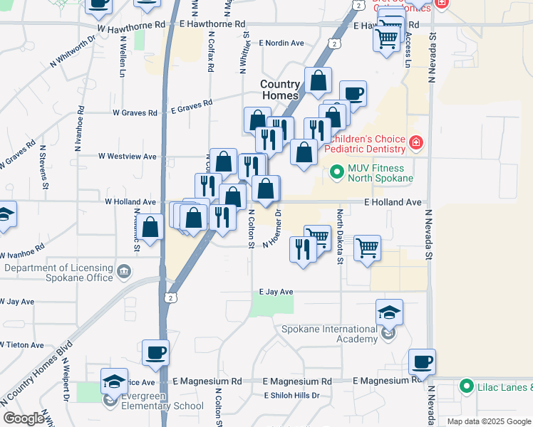 map of restaurants, bars, coffee shops, grocery stores, and more near 410 East Holland Avenue in Spokane