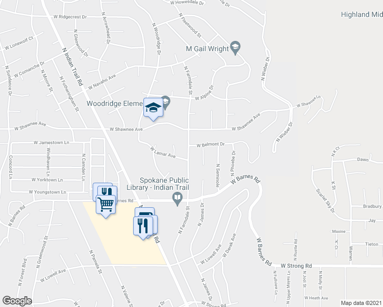 map of restaurants, bars, coffee shops, grocery stores, and more near 9410 North Farmdale Street in Spokane