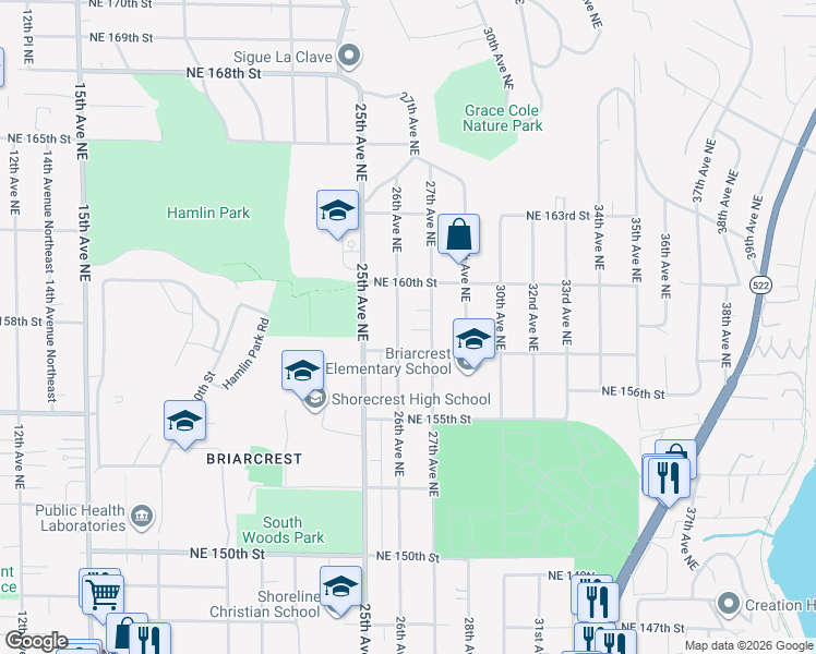 map of restaurants, bars, coffee shops, grocery stores, and more near 15823 26th Avenue Northeast in Shoreline
