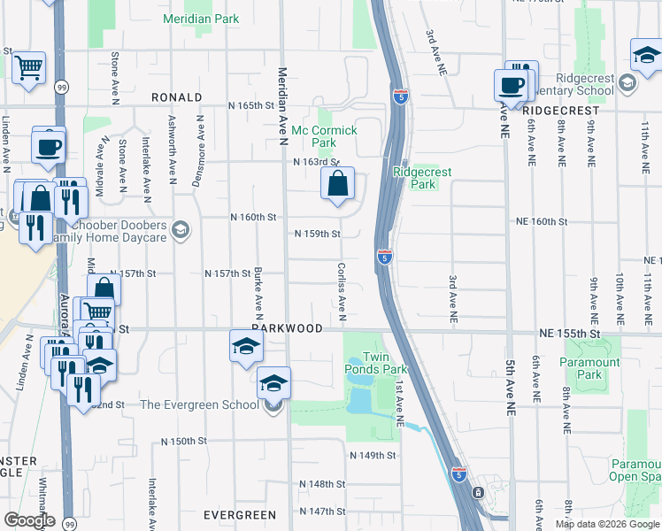 map of restaurants, bars, coffee shops, grocery stores, and more near 2153 North 158th Street in Shoreline
