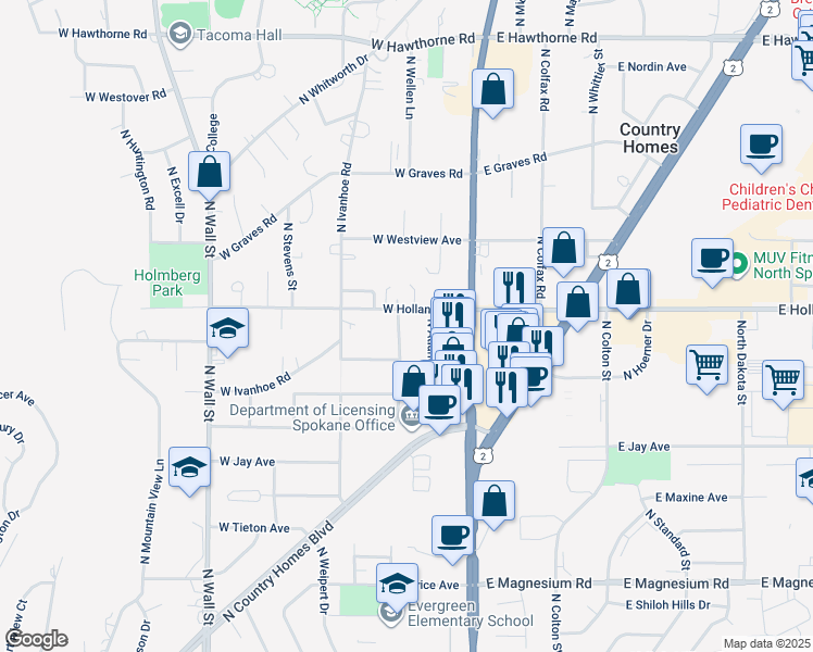 map of restaurants, bars, coffee shops, grocery stores, and more near 9518 North Normandie Lane in Spokane