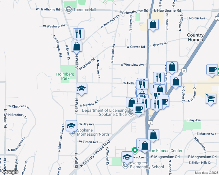 map of restaurants, bars, coffee shops, grocery stores, and more near 9513 North Ivanhoe Road in Spokane