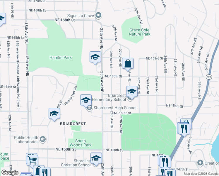 map of restaurants, bars, coffee shops, grocery stores, and more near 15823 26th Avenue Northeast in Shoreline