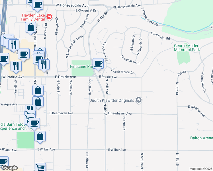 map of restaurants, bars, coffee shops, grocery stores, and more near 7887 North Baillie Street in Dalton Gardens