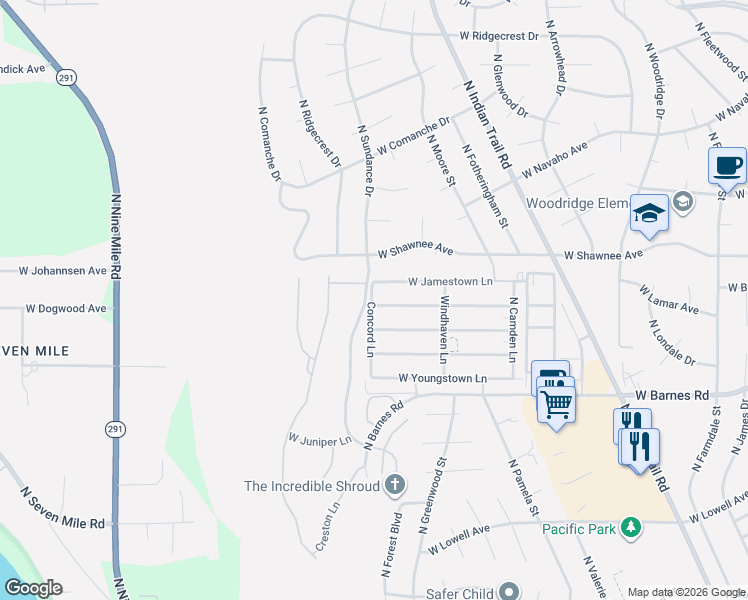 map of restaurants, bars, coffee shops, grocery stores, and more near 5914 West Georgetown Lane in Spokane