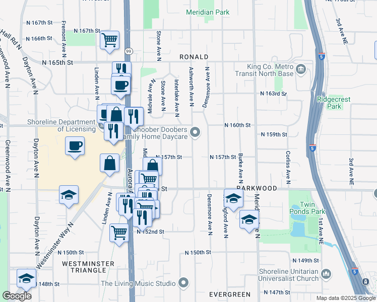 map of restaurants, bars, coffee shops, grocery stores, and more near 15711 Ashworth Avenue North in Shoreline