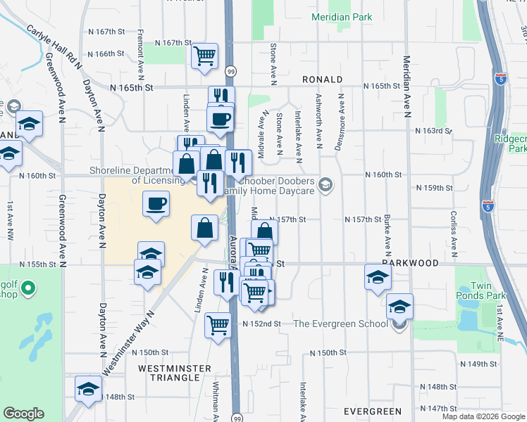 map of restaurants, bars, coffee shops, grocery stores, and more near 15701 Stone Avenue North in Shoreline