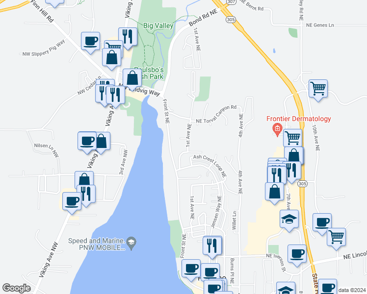 map of restaurants, bars, coffee shops, grocery stores, and more near 38 Hamilton Court Northeast in Poulsbo