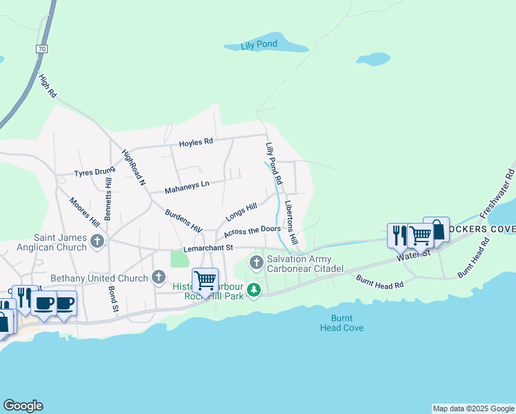 map of restaurants, bars, coffee shops, grocery stores, and more near 32 Longs Hill in Carbonear