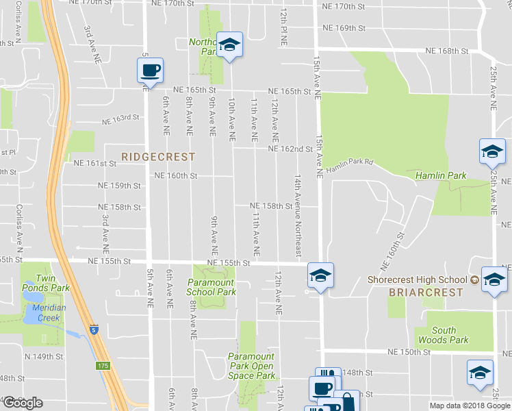 map of restaurants, bars, coffee shops, grocery stores, and more near 11th Ave NE & NE 158th St in Shoreline
