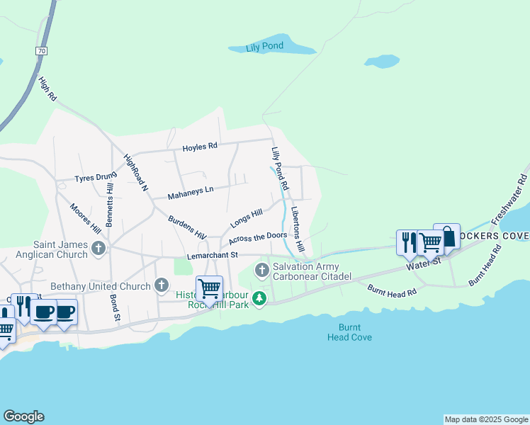 map of restaurants, bars, coffee shops, grocery stores, and more near 32 Longs Hill in Carbonear