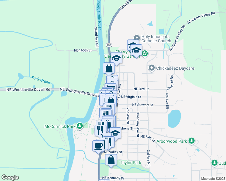 map of restaurants, bars, coffee shops, grocery stores, and more near 15929 Main Street Northeast in Duvall