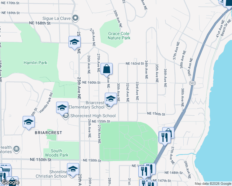 map of restaurants, bars, coffee shops, grocery stores, and more near 15826 30th Avenue Northeast in Shoreline