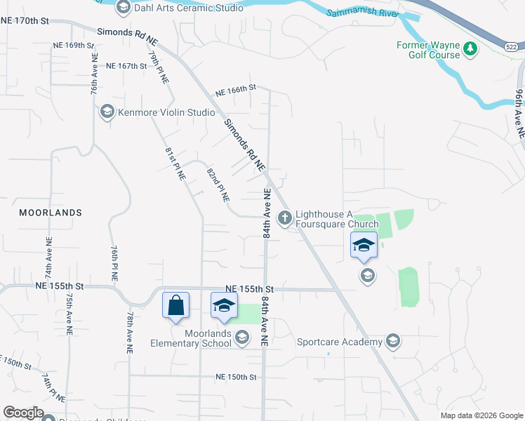 map of restaurants, bars, coffee shops, grocery stores, and more near 8254 Northeast 159th Street in Kenmore