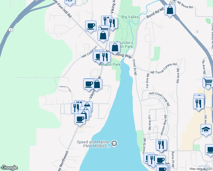 map of restaurants, bars, coffee shops, grocery stores, and more near 383 NW Edvard St in Poulsbo