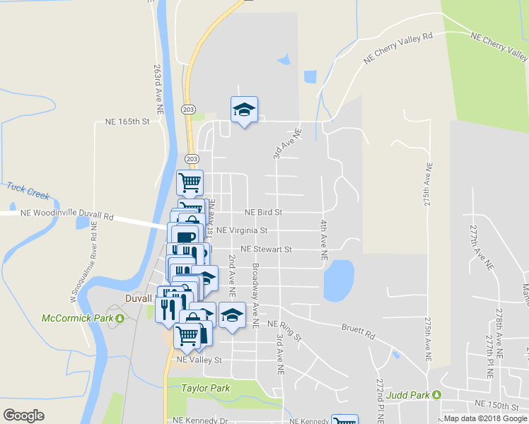 map of restaurants, bars, coffee shops, grocery stores, and more near NE Bird St in Duvall