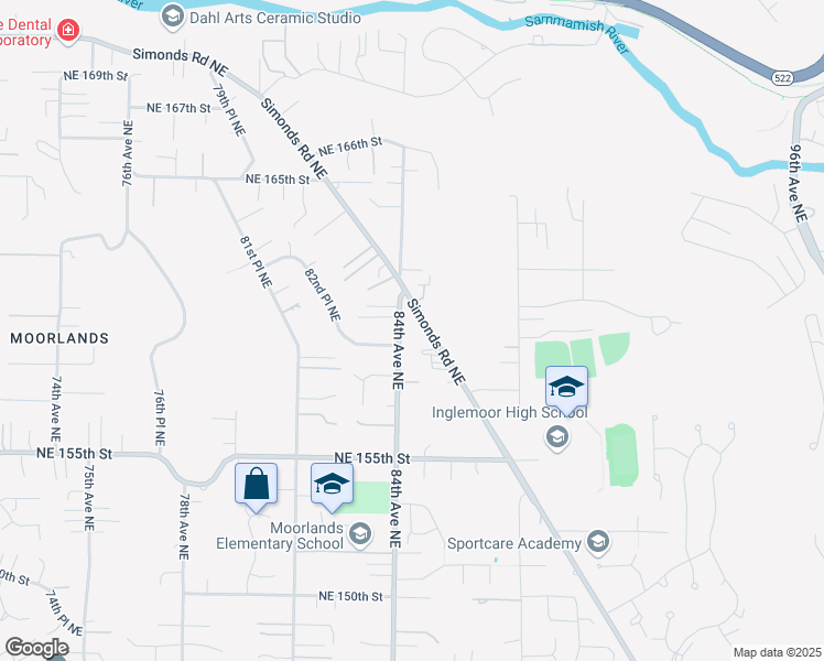map of restaurants, bars, coffee shops, grocery stores, and more near 8254 Northeast 159th Street in Kenmore