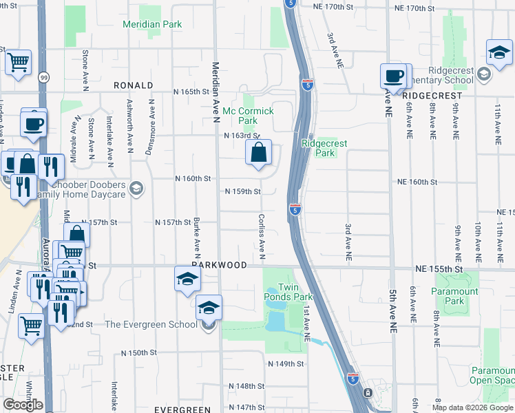 map of restaurants, bars, coffee shops, grocery stores, and more near 2153 North 158th Street in Shoreline